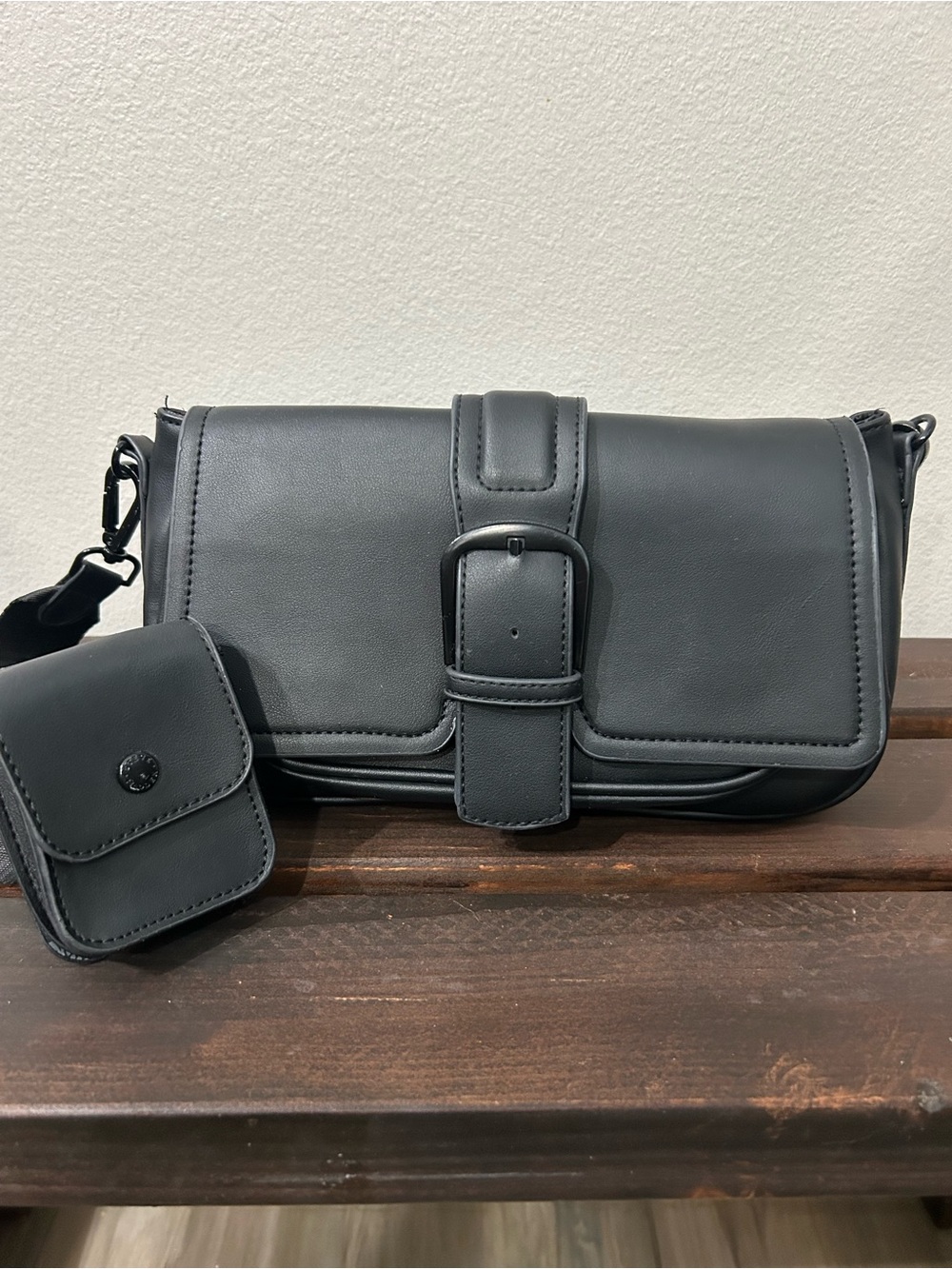 Steve Madden Black Leather Buckle-Front Crossbody with Detachable Coin Pouch